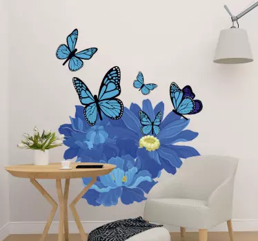 Sticker papillon bleu avec fleurs - TenStickers