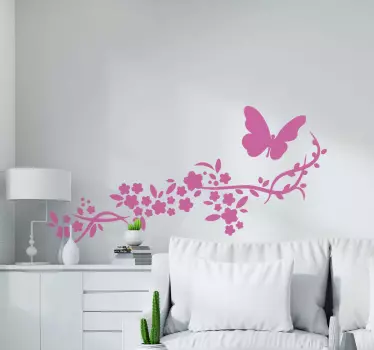 Sticker fleur mural salon et papillon monochrome - TenStickers