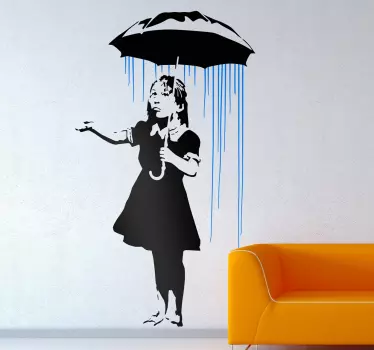 Sticker mural salon graffiti Banksy fille sous la pluie - TenStickers