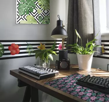 Frise murale adhésive lignes noires et blanches et fleurs - TenStickers