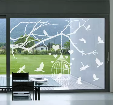 Sticker fenêtre oiseaux cage et branche - TenStickers