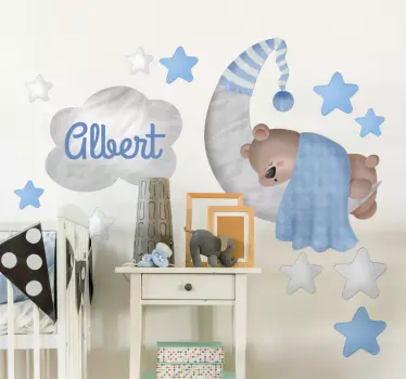Sticker chambre bébé ours lune étoiles avec nom - TenStickers