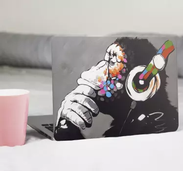 Sticker ordinateur portable DJ singe graffiti art Banksy - TenStickers