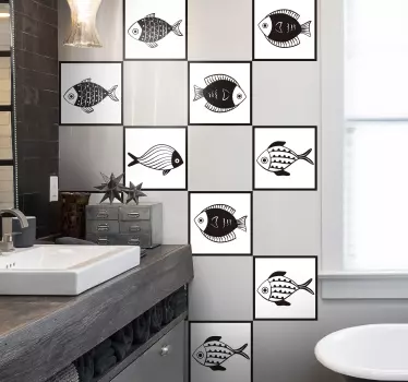 Sticker salle de bain carrelage poissons noir et blanc - TenStickers