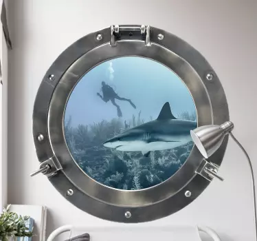 Sticker trompe l'œil requin à travers hublot - TenStickers