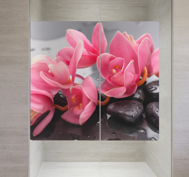 Sticker salle de bain orchidées roses sur pierres - TenStickers