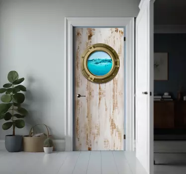 Sticker porte trompe l'œil fenêtre navire sur bois - TenStickers