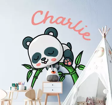 Sticker chambre bébé panda avec bambou et nom - TenStickers