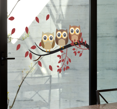 Sticker fenêtre trois hiboux sur une branche - TenStickers