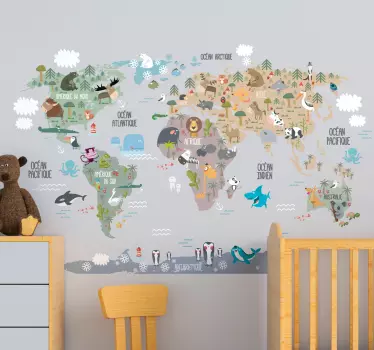 Sticker chambre enfant carte du monde animaux - TenStickers