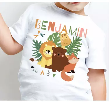T-shirt enfant Prénom Animaux sauvages mignons avec feuilles - TenStickers