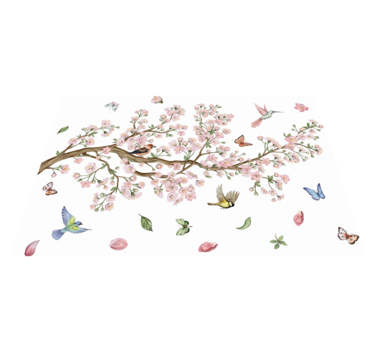 Tapis vinyle plantes fleurs de cerisier et oiseaux - TenStickers