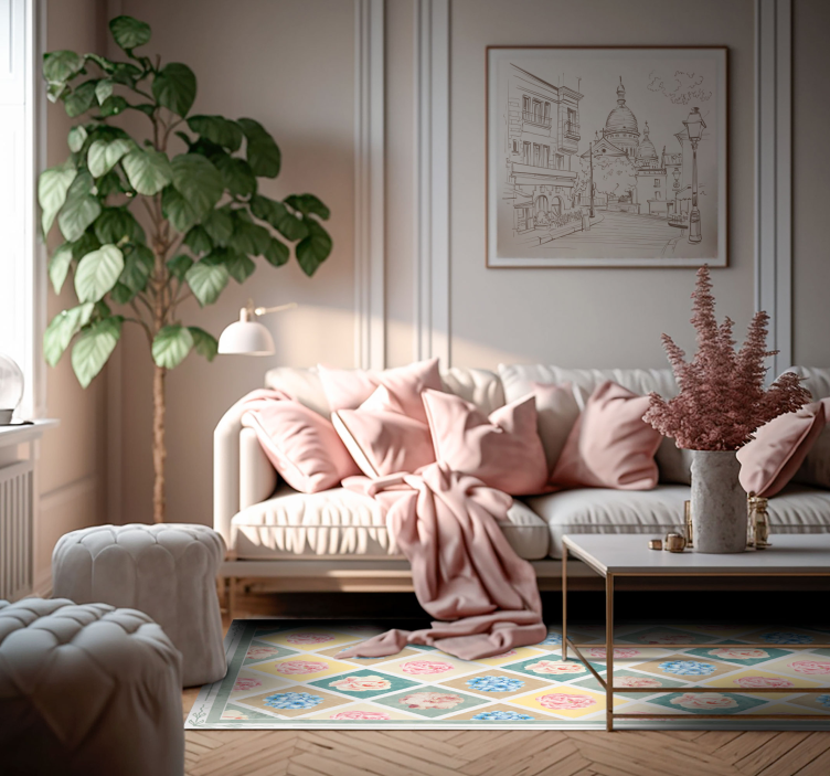 Tapis vinyle vintage losanges avec des fleurs - TenStickers