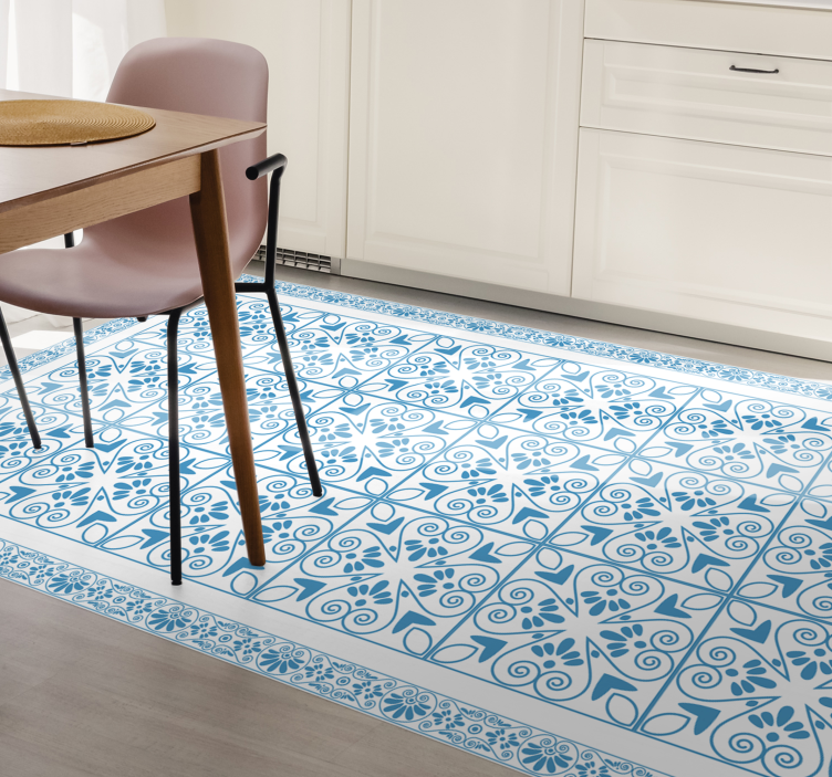 Tapis lino cuisine carreaux bleus ornementaux - TenStickers