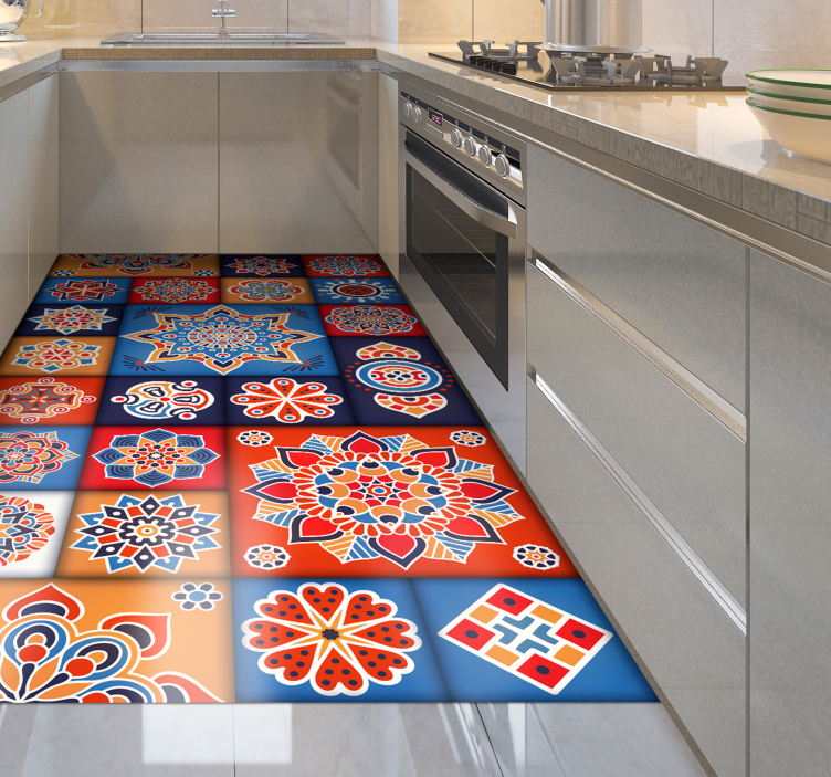 Tapis cuisine carreaux floraux colorés - TenStickers