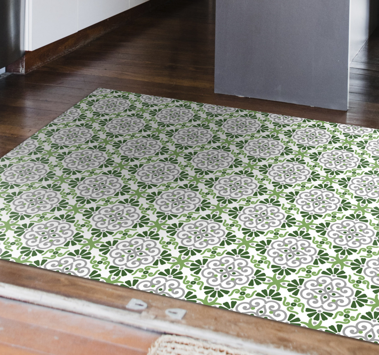 Tapis lino cuisine carreaux portugais de fleurs vertes - TenStickers