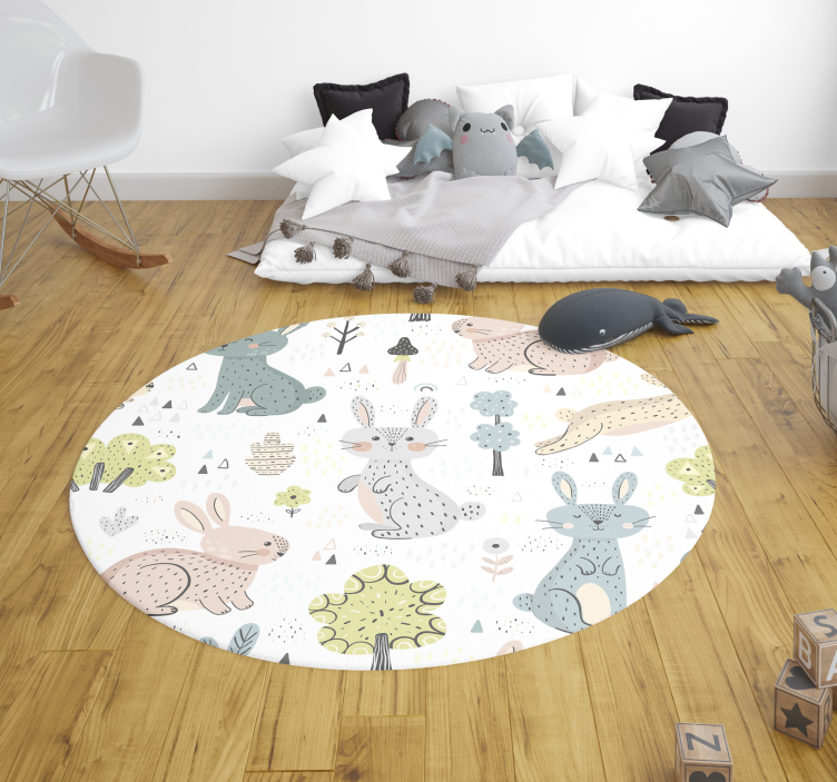 Tapis vinyle rond chambre bébé dessins lapins - TenStickers