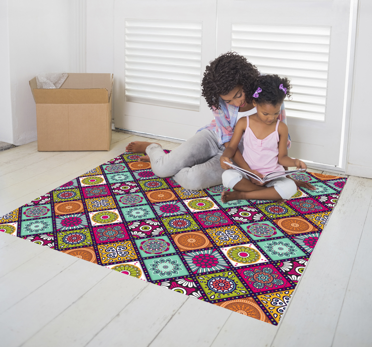 Magnifique tapis en autocollant à carreaux floraux colorés - TenStickers