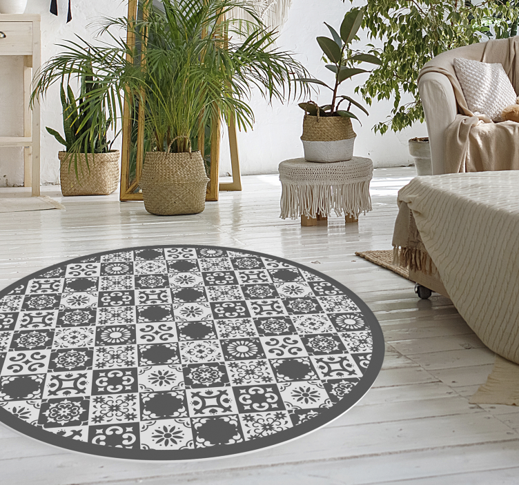 Tapis vinyle carreaux de ciment rond gris et blanc - TenStickers