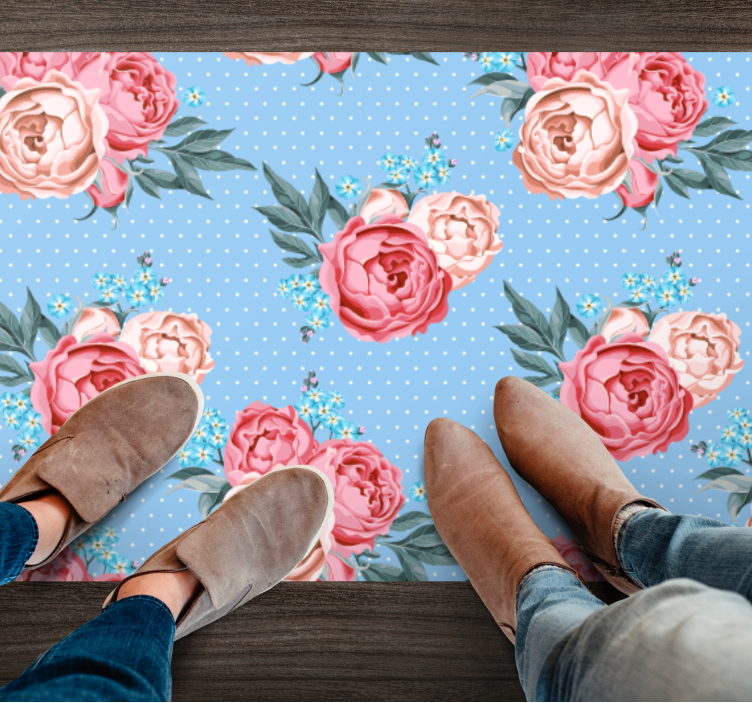 Tapis vinyle bleu motif à pois floraux - TenStickers