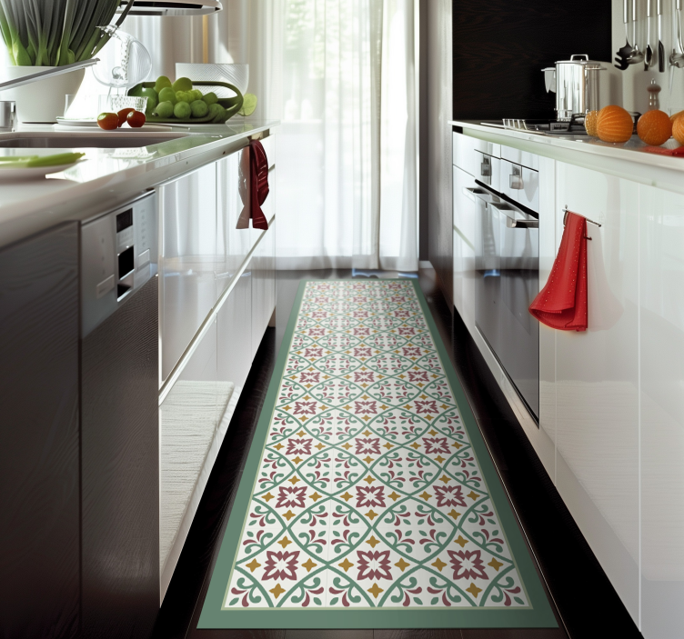 Tapis de cuisine carreaux fleurs jaune rouge et vert - TenStickers
