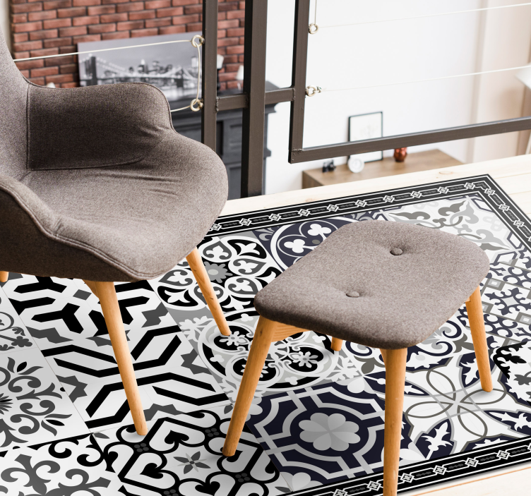 Tapis vinyle carreaux de ciment noir et blanc bordures - TenStickers