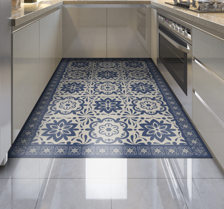 Tapis lino cuisine thème floral hydraulique bleu - TenStickers