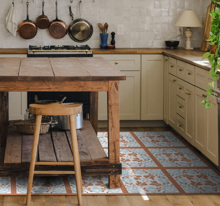 Tapis lino cuisine carreaux fleurs méditerranéennes - TenStickers