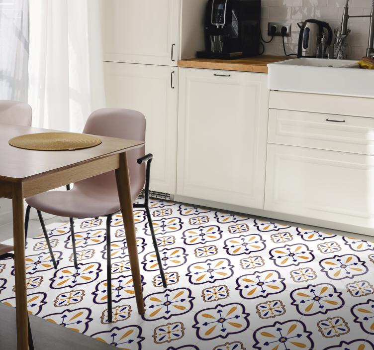Tapis lino cuisine réplique de carrelage floral - TenStickers