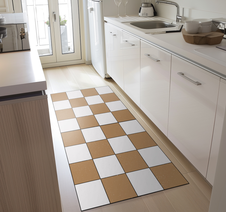 Tapis vinyle cuisine carreaux damier blanc et beige foncé - TenStickers