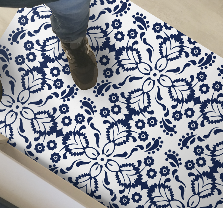 Tapis vinyle carreaux de ciment motif floral bleu et blanc - TenStickers