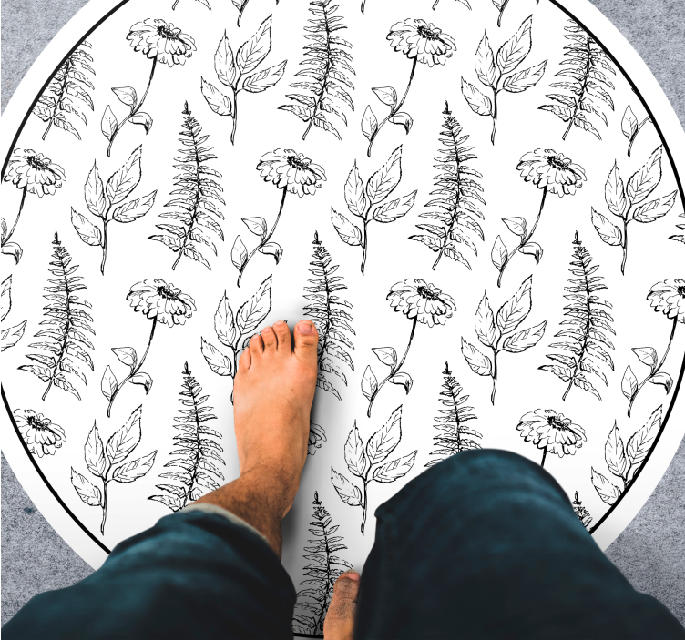 Tapis vinyle rond contour noir floral - TenStickers