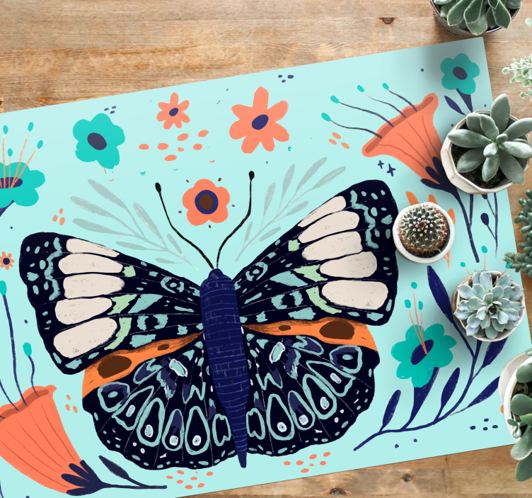 Tapis vinyle plantes détails de papillons colorés - TenStickers
