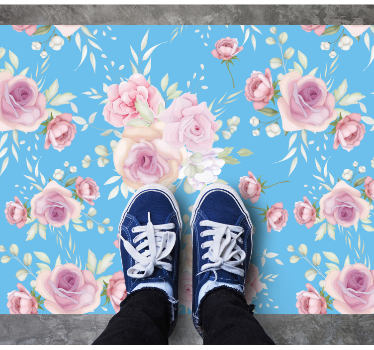 Tapis vinyle plantes fleurs de rose sur fond bleu - TenStickers