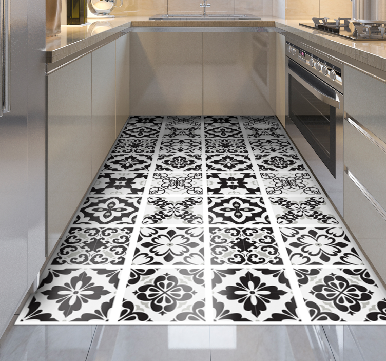Tapis vinyle cuisine carreaux de ciment moderne noir blanc - TenStickers