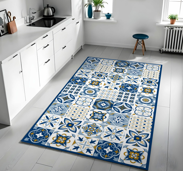 Tapis vinyle cuisine carreaux carrés bleus - TenStickers