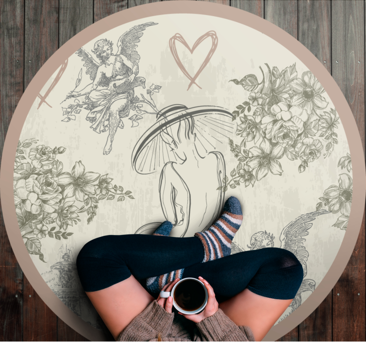 Tapis vinyle rond vintage motif fleur et ange - TenStickers