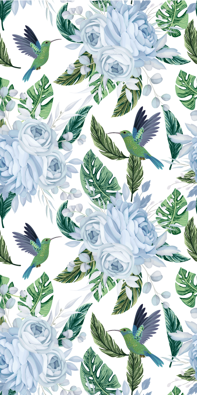 Tapis vinyle plantes fleurs de jardin bleues avec oiseaux - TenStickers