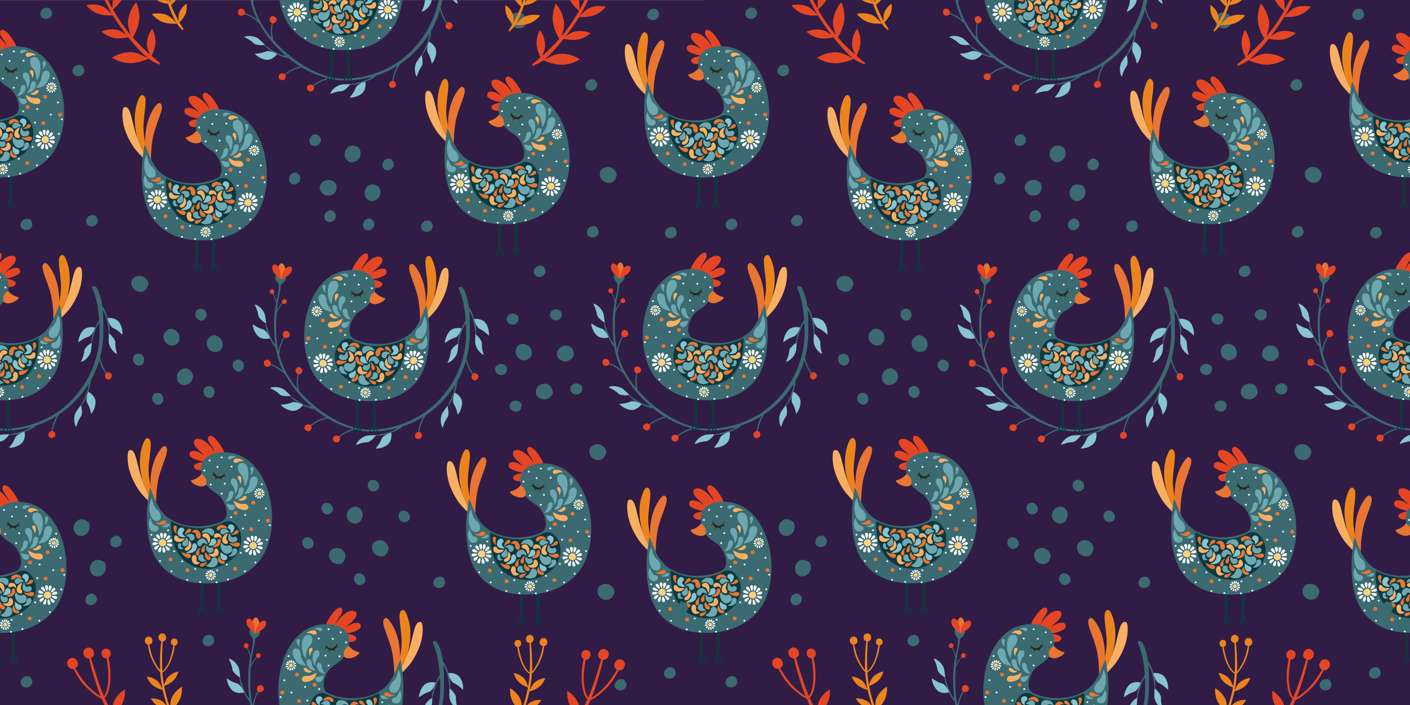 Tapis vinyle plantes poules violettes et fleurs - TenStickers