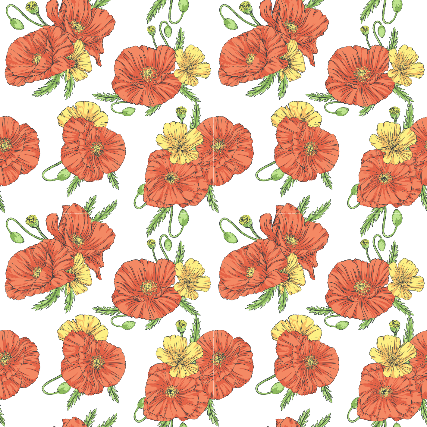 Tapis vinyle plantes fleurs de coquelicot sur fond blanc - TenStickers