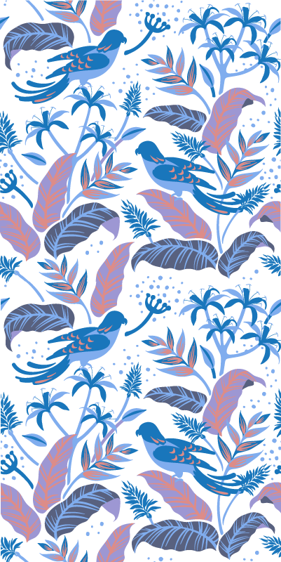 Tapis vinyle plantes oiseaux roses et bleus sur feuilles - TenStickers