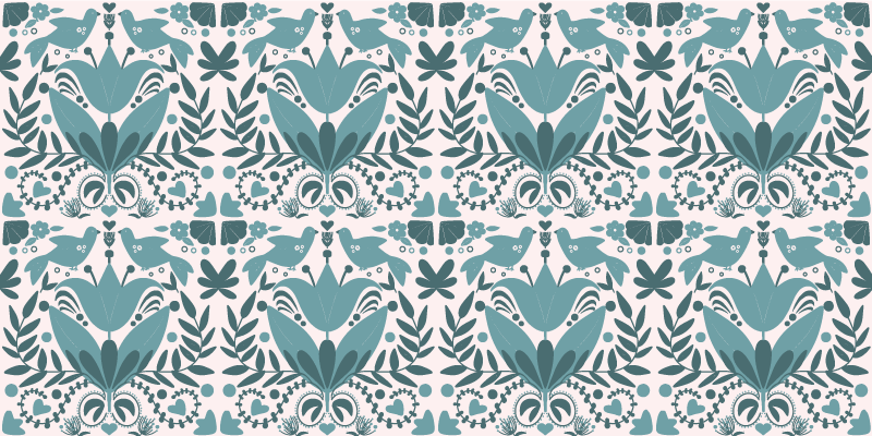 Tapis vinyle plantes motif folklorique bleu oiseaux - TenStickers