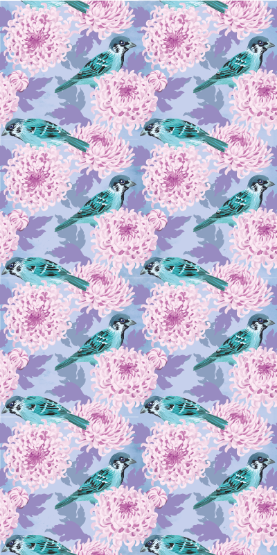 Tapis vinyle plantes fleurs de jardin roses avec oiseaux - TenStickers