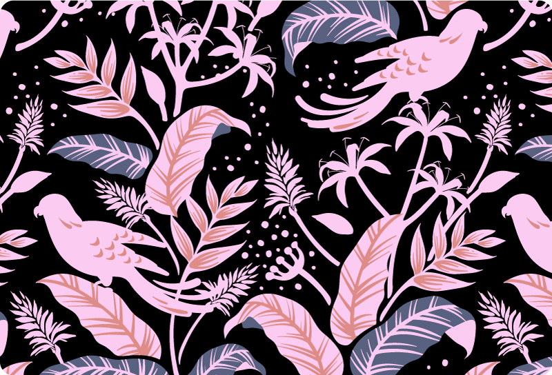 Tapis vinyle plantes oiseaux noirs et roses sur feuilles - TenStickers