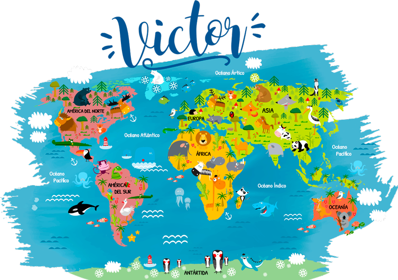 Tapis vinyle carte du monde animal avec noms espagnols - TenStickers