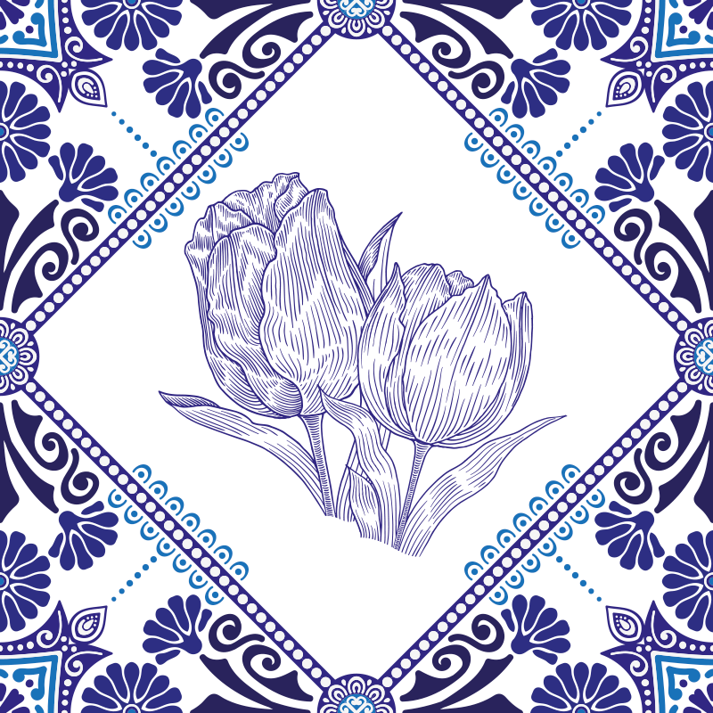 Tapis vinyle cuisine tulipes bleues de delft - TenStickers