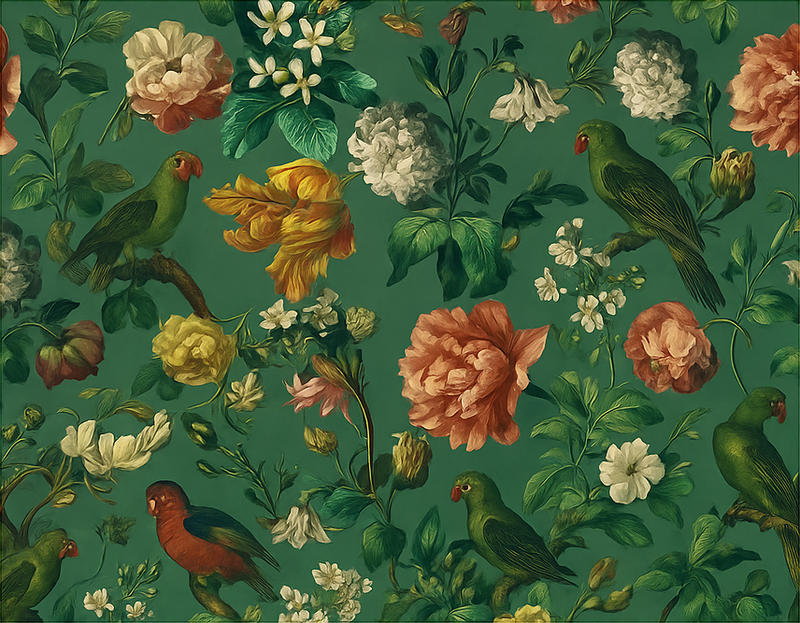 Tapis vinyle chambre design fleurs et oiseaux verts - TenStickers