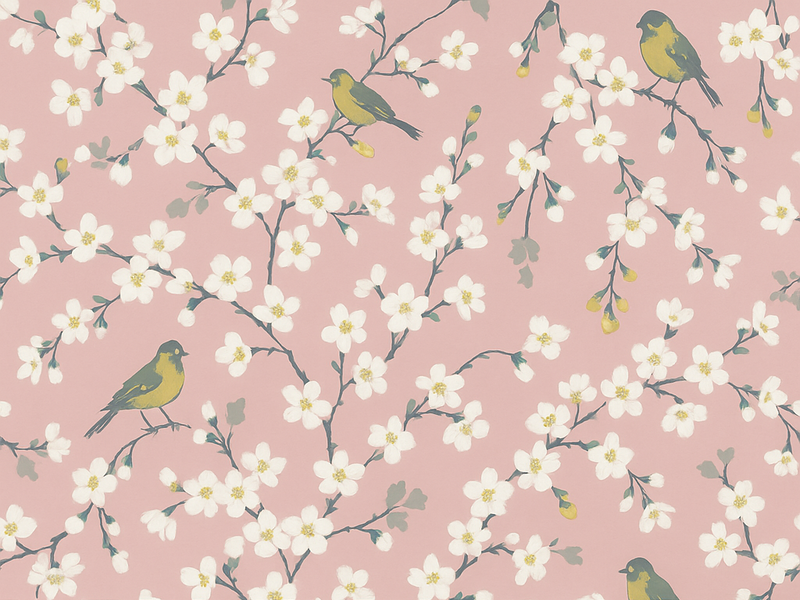 Tapis vinyle nature oiseaux du verger roses - TenStickers