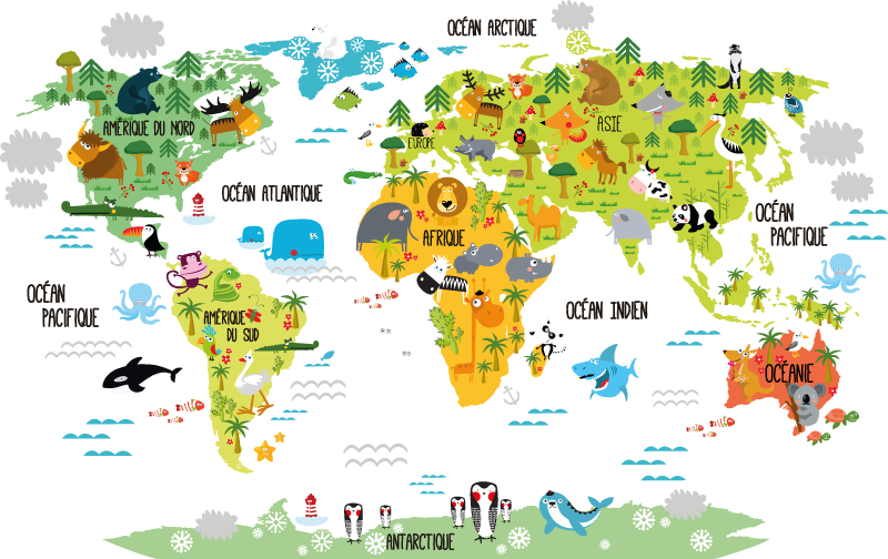 Tapis vinyle carte du monde animaux pour enfants - TenStickers