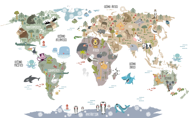 Tapis vinyle carte du monde animaux pastel - TenStickers